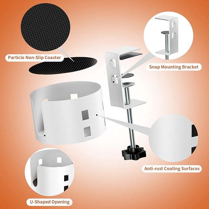 Upgraded Large Desk Cup Holder Clamp, Anti-Spill Cup Holder for Table, Durable 5 Adjustable Directions, Metal Office & PC Gaming Desk Accessories, Enough to Hold Coffee Cups, Water Bottles, White