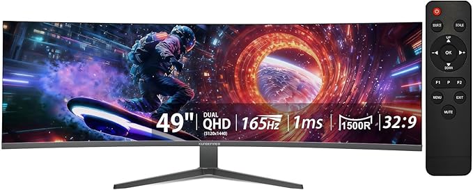 49 inch Curved Monitor with Remote, 165Hz WDQHD(5120 x 1440p) 5K Ultrawide Gaming Monitor R1500, HDR400, 3000:1 Contrast, sRGB 100%, USB-C, FreeSync, PIP/PBP, Built-in Speaker, HDMI 2.1 & DP 1.4