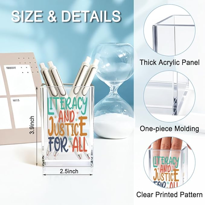 Literacy And Justice For All Acrylic Makeup Brush Pencil Holder Cup, Social Justice Gifts for Women Sister Friend Coworker, Stop Book Banning Protect Librarian, Pen Holder for Desk Accessories