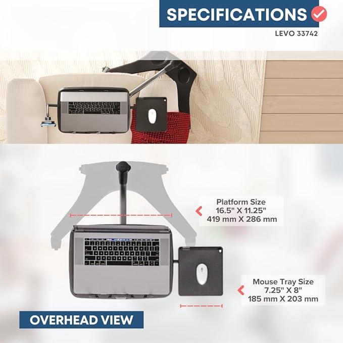 LEVO G2 V16 Rolling Laptop Workstation Stand Cart with Mouse Tray and Phone Holder for Bed Couch Recliner or Chair, Adjustable Mobile Desk for Remote Office Reading and Study