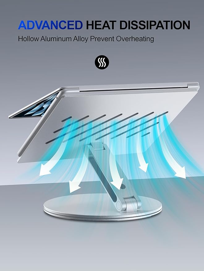 Laptop Stand for Desk, 360° Rotating & Height Adjustable Ergonomic Computer Riser with Aluminum Cooling Vents for 10-16" MacBook, Dell, Lenovo (Foldable, Portable for Office & Home) - Silver