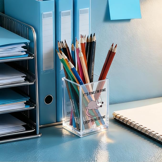 It's Fine I'm Fine Everything Is Fin Acrylic Makeup Brush Pencil Holder Cup, Funny Opossum Pen Holder Gifts For Friends Nurse, Office Sarcastic Gifts for Women Men Coworker, Desk Organizer