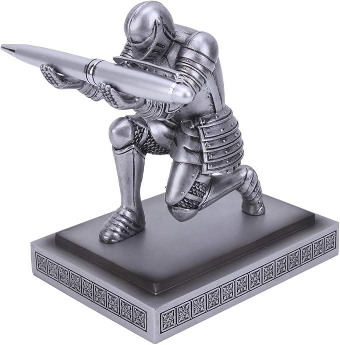 Knight Pen Holder Desk Organizers and Accessories Desk Decor Resin Pen Holder as Gift with a Cool Pen for Office and Home (Silver)