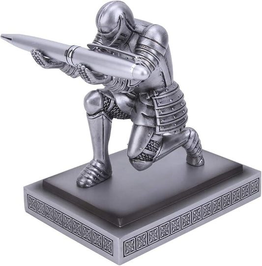 Knight Pen Holder Desk Organizers and Accessories Desk Decor Resin Pen Holder as Gift with a Cool Pen for Office and Home (Silver)
