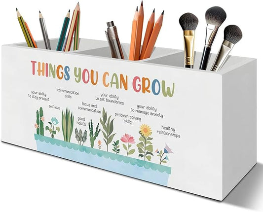 Self Growth Mental Health Pen Pencil Holder Organizer for Desk Accessories, Therapy Office Decor, Things You Can Grow Wooden Box Signs Decorations for School Counselor Office Desk Tabletop