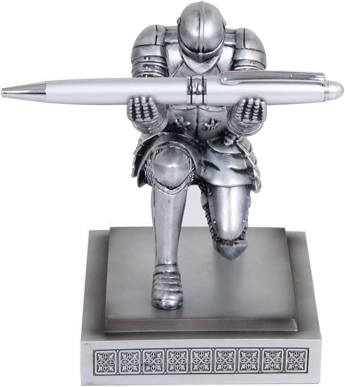 Knight Pen Holder Desk Organizers and Accessories Desk Decor Resin Pen Holder as Gift with a Cool Pen for Office and Home (Silver)
