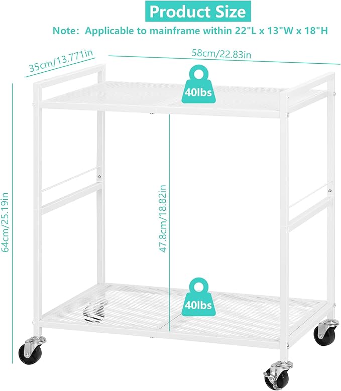 YBING Computer Tower Stand White PC Tower Stand 2 Tier CPU Holder with Wheels Metal Mobile Computer Tower Cart Rolling PC Cart Floor for Fax Home Office