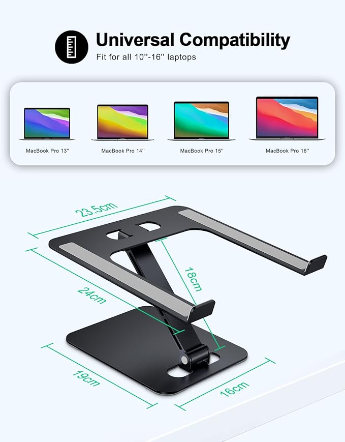 Foldable Laptop Stand, Height Adjustable Ergonomic Computer Stand for Desk, Aluminum Portable Laptop Riser Notebook Holder Mount Compatible with MacBook Pro Air, HP, Dell 10-16" (Black)