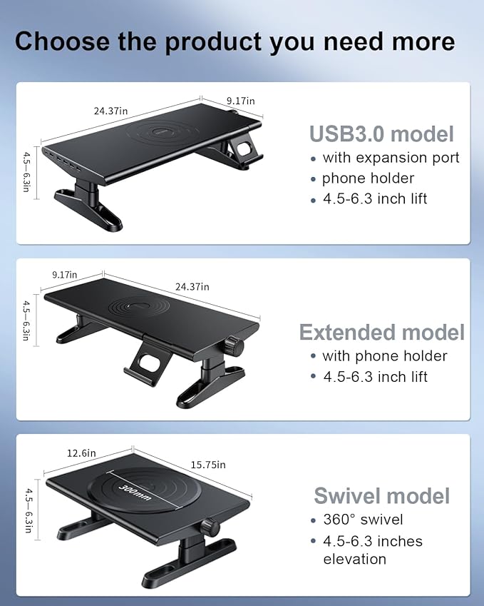 Computer Monitor Stand Riser for Desk with Usb Hub Charging,30W/5Gbps Usb C Docking Station with Power,4.5-6.3''Freely Height Adjustable with Phone Holder,Monitor Stands Riser for PC,Laptop,Printer,TV