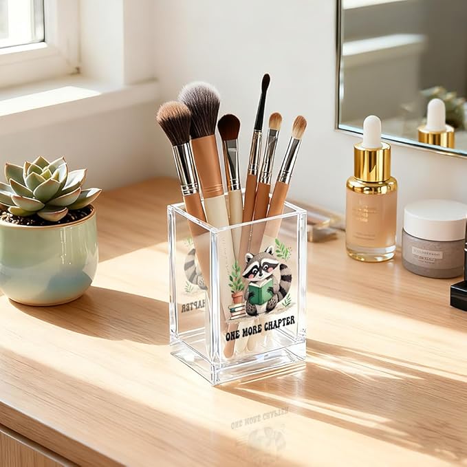 One More Chapter Acrylic Pencil Holder Cup, Book Lover Gifts for Women, Funny Reading Raccoon Desk Organizer and Accessories for Raccoon Lover Bookish Bookworms Readers, Pen & Bookmark Holder