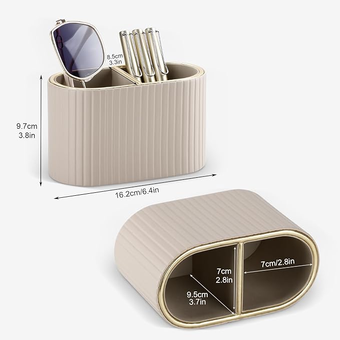KINGFOM PU Leather Desk Organizer Pen Holder – Dual-Compartment Stylish Pencil Cup Remote Control Holder Desktop Supplies and Accessories Organizer Caddy for Office Home School (Mocha Beige)