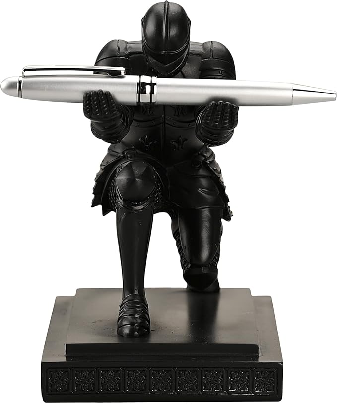 Knight Pen Holder Desk Organizers and Accessories Desk Decor Resin Pen Holder as Gift with a Cool Pen for Office and Home (Black)