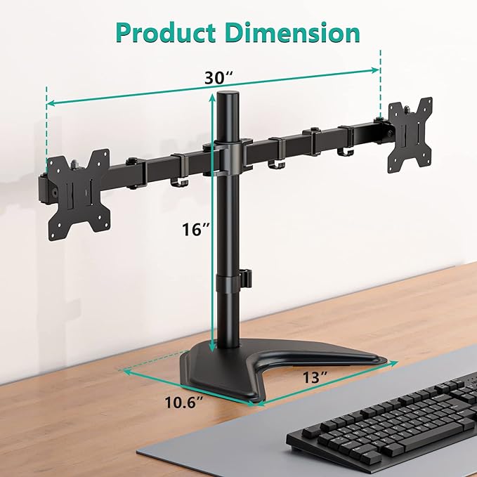 WALI Dual Monitor Stand for Desk, Monitor Stands for 2 Monitors up to 27 inch, Dual Monitors Mount Fits up to 22lbs, Free Standing Full Motion Dual Monitors Arm for Desk (MF002), Black