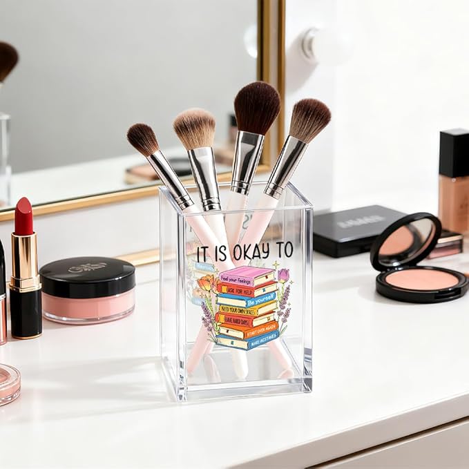 It Is Okay Acrylic Cosmetic Organizer Pen Holder, Funny Acrylic Desk Holder Cup for Pen Pencil, Mental Health Gifts for Book Lovers Staff Leader Friend, Positive Vibes Office Gifts for Coworker