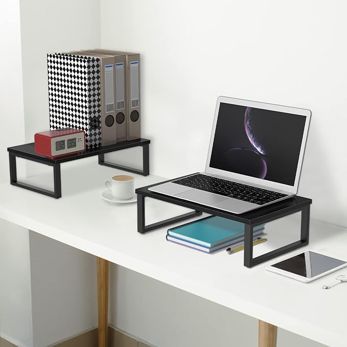 NORCEESAN 2 Pack Monitor Stand Riser Wood Desk Shelf with Storage, Laptop Stand Riser Computer Stand for Desk Shelf Organizer Desktop Printer Table for PC Laptop Fax Monitor Lift, Black