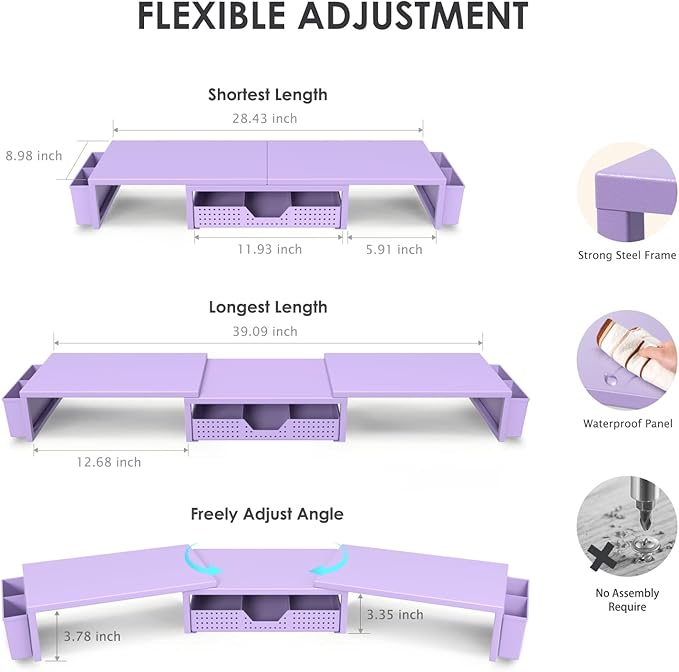 OPNICE Purple Desk Organizers and Accessories, Dual Computer Monitor Stand Riser with Drawer and 2 Pen Holders, Office Desk Accessories, Workspace Desktop Organization for Office Supplies