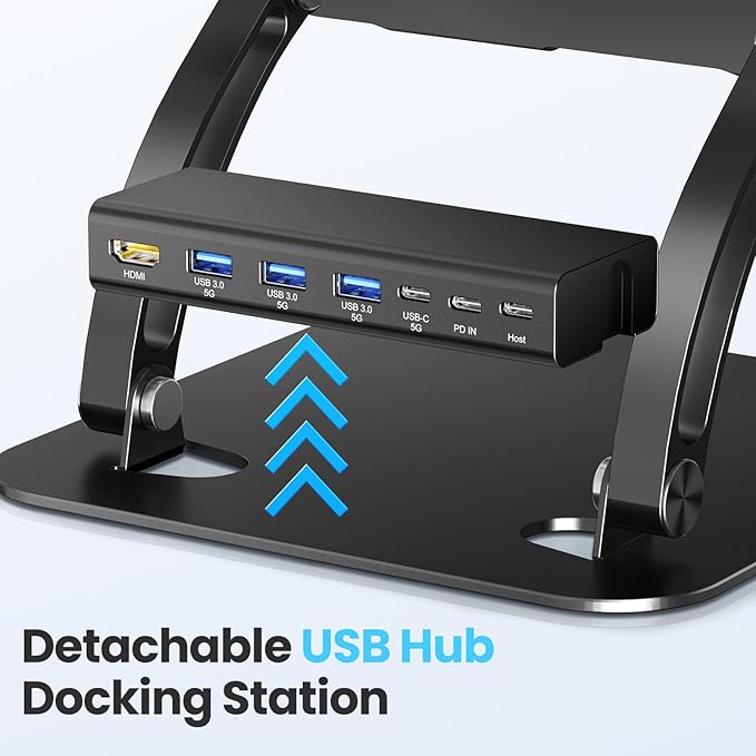 tounee Laptop Stand with Detachable USB-C Hub, 100W PD Charging, 4K@60Hz HDMI, 3 USB Ports, Ergonomic Laptop Holder Docking Station for 10-17" Laptops, MacBook & More (Black)