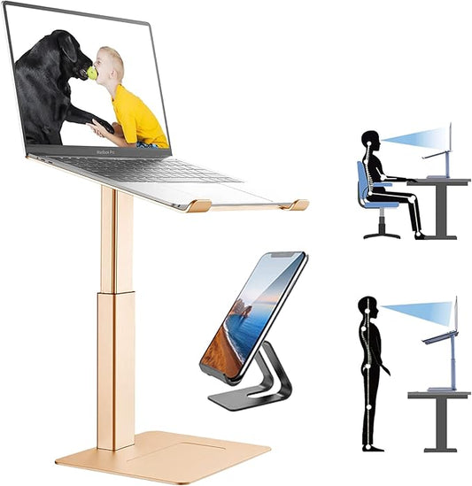 Laptop Stand for Desk, Ergonomic Sitting and Standing Laptop Riser for Notebook MacBook 11-17 Inches，DJ Laptop Stand Adjustable Height from 7-15 Inches Aluminum(Gold)