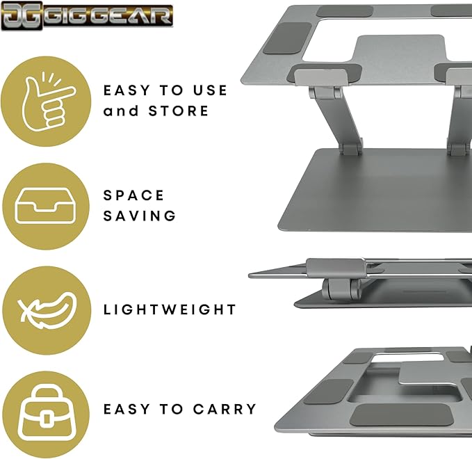 Gig Gear iLEVL Ergonomic Laptop Stand for Desk - Height Adjustable Laptop Riser Fits All Phone, Tablets, and Devices 10 to 17 Inches - Universal Multi-Angle Aluminum Foldable Laptop Stand (Silver)