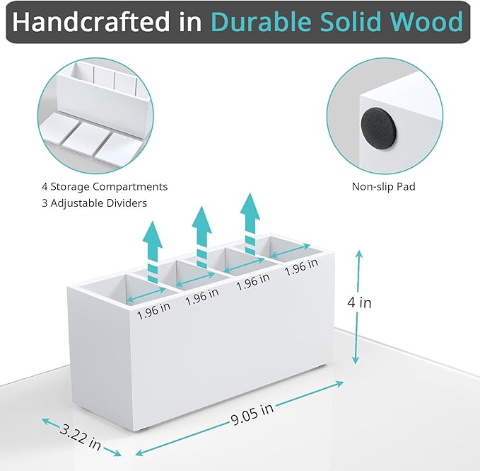 Bivvclaz Pencil Pen Holder for Desk, Wooden Office Desk Organizers and Accessories with 4 Slots for Countertop, Makeup Brush Holder Organizer for Bathroom Vanity, Silverware Caddy for Party, White