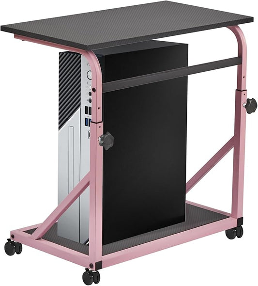 Computer Tower Stand, 2-Tier CPU Holder with Lockable Wheels, Adjustable Height PC Stand for Floor, Mobile PC Laptop Standing Table for Home Office (Black and Pink)