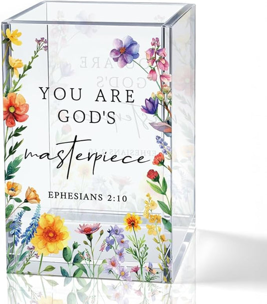 You Are God's Masterpiece Acrylic Pencil Holder Cup, Floral Christian Pen Holder for Desk, Christian Gifts for Women Girls, Bible Verses Makeup Brush Organizer for Home Office Desk Accessories