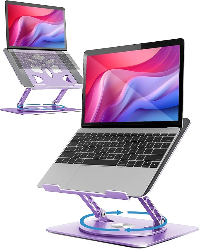 Adjustable Laptop Stand for Desk - Portable Laptop Riser with Rotating Base, Foldable Aluminum Computer Stand, Ergonomic Laptop Holder for MacBook Pro/Air Dell HP Notebook up to 15.6",Purple