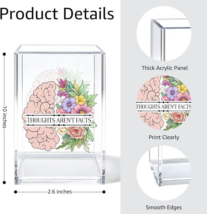 Thoughts Aren't Facts Acrylic Cosmetic Organizer Pen Holder, CBT Cognitive Behavioral Desk Storage Holder for Pen, Mental Health Recovery Gifts for Coworker, Therapy Office Gifts for Leader