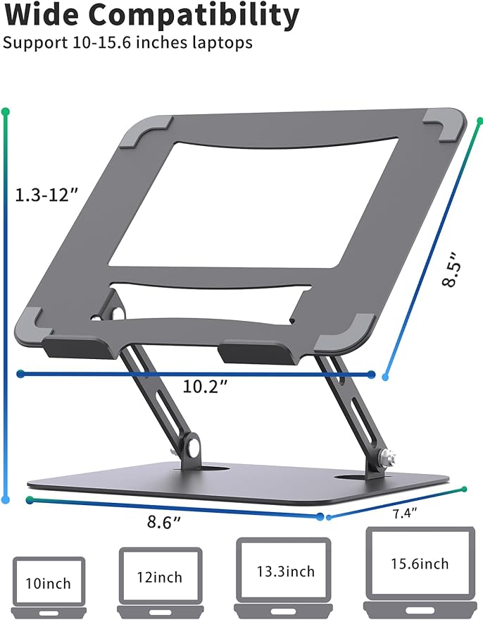 SOUNDANCE Laptop Stand for Desk with Stable Heavy Base, Adjustable Height Multi-Angle, Ergonomic Metal Riser Holder, Foldable Mount Elevator, Compatible with 10 to 15.6 Inches PC Computer, Grey