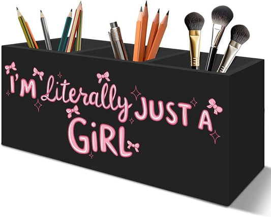 Coquette Pink Bow Pen Pencil Holder Organizer for Desk Accessories, Preppy Girly Room Decor, I'm Literally Just a Girl Wooden Box Signs Decorations for Girls Bedroom Room Dorm Desk Tabletop