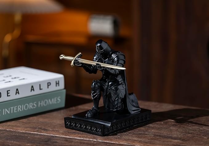 Medieval Templar Vanguard Officer Knight Pen Holder Pen Stand Desk Organizers and Accessories Resin Mobile Phone Stand as Gift for Office and Home Desk Organizer (Black)