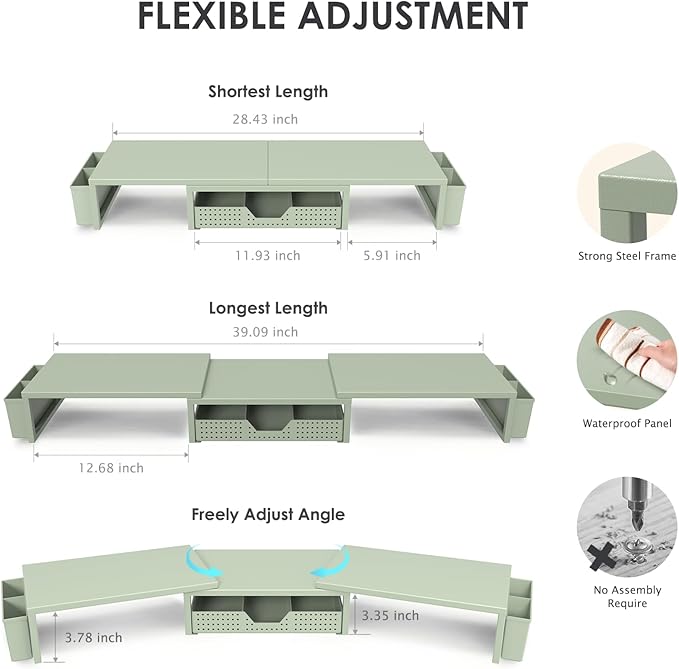 OPNICE Desk Organizers and Accessories, Dual Monitor Stand Riser with Drawer and 2 Pen Holders, Desk Shelf Metal Computer Monitor Stand for Office Workspace Organizers, Desktop Organization (Green)