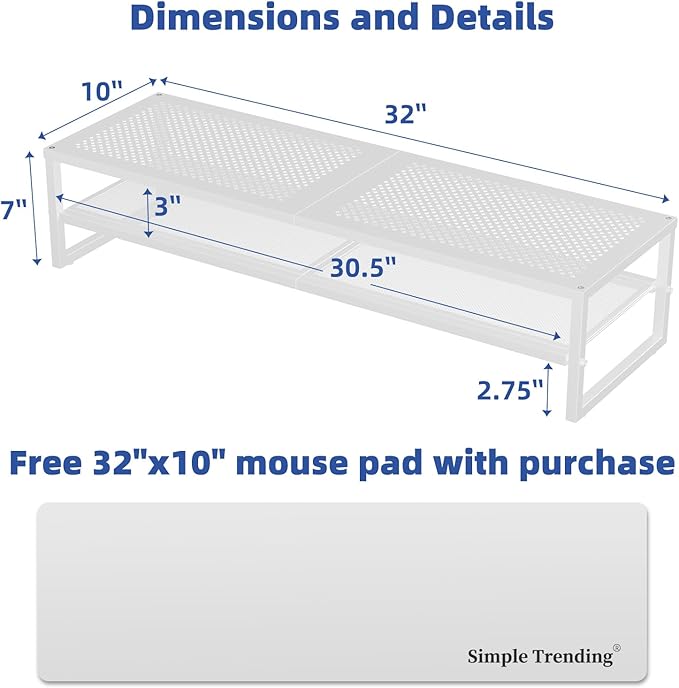 Simple Trending 2 Tier Metal Dual Monitor Stand Riser, Computer Office Desktop Organizer for 2 Monitors with 32"x10" Mouse Pad for Laptop, Printer, TV, White