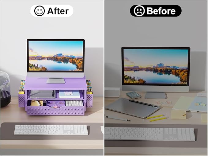 gianotter Wood Monitor Stand Riser, Desk Organizer with Drawer and 2 Pen Holders, 2-Tier Workspace Organizer for Office Supplies (Purple Wood)