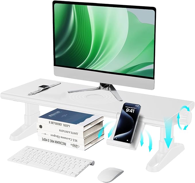 Computer Monitor Stand Riser for Desk,4.5-6.3 Inches Freely Height Adjustable with Cellphone Holder,Multi-Purpose Desktop Organizer Monitor Stands Riser for Computer,Laptop,Printer,TV (White)