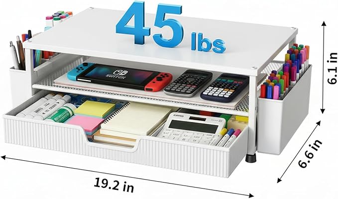 Desk Organizer and Accessories, 2-Tier Computer Monitor Stand Rise with Storage Drawer & 2 Pen Holders, Laptop & Printer Stand for Desktop, Workspace Organizers for Office Supplies (White)