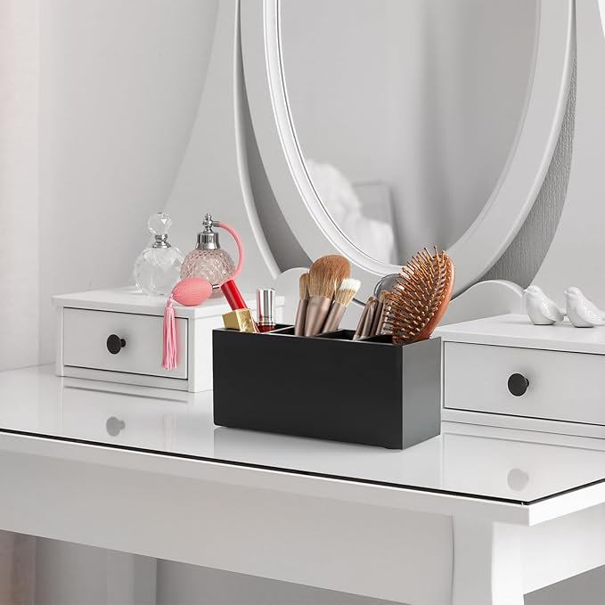 Bivvclaz Pencil Pen Holder for Desk, Wooden Office Desk Organizers and Accessories with 4 Slots for Countertop, Makeup Brush Holder Organizer for Bathroom Vanity, Silverware Caddy for Party, Black