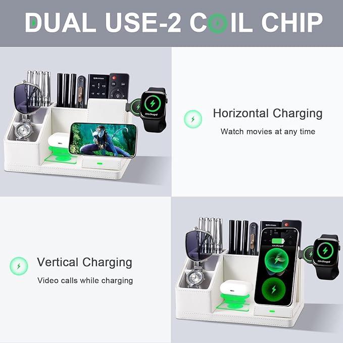 Leather Pen Organizer, Multi-Functional Pencil Holder for Desk, Desk Organizers and Accessories for Office Art Supplies,desk organizer with phone stand/charger,Birthday Gifts for Women/Men