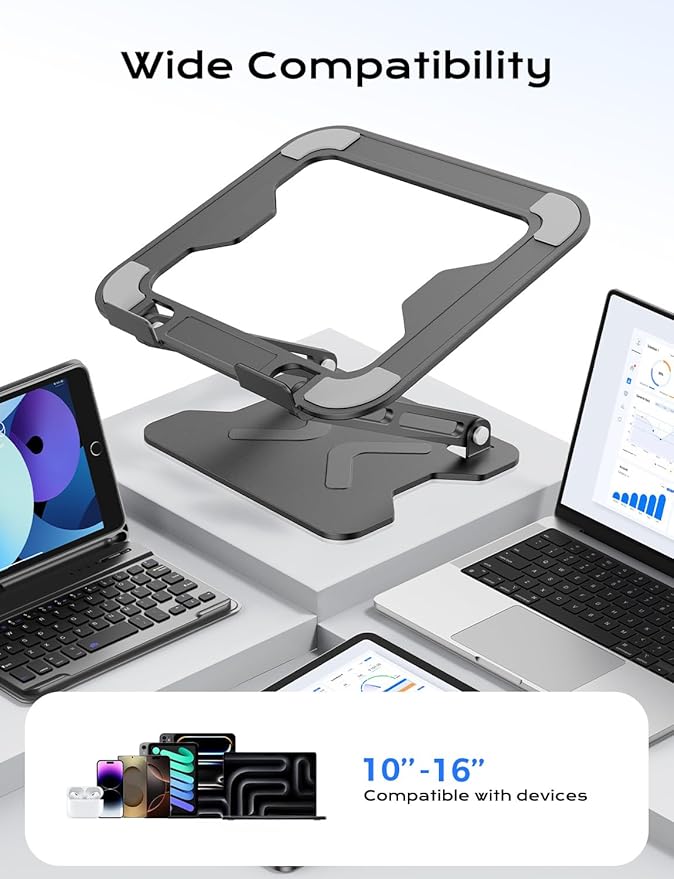 Adjustable Laptop Stand for Desk, Metal Foldable Laptop Riser, Portable Laptop Holder Mount, Ventilated Cooling Notebook Stand for MacBook Air Pro, All 10-16'' Notebooks Laptops Black