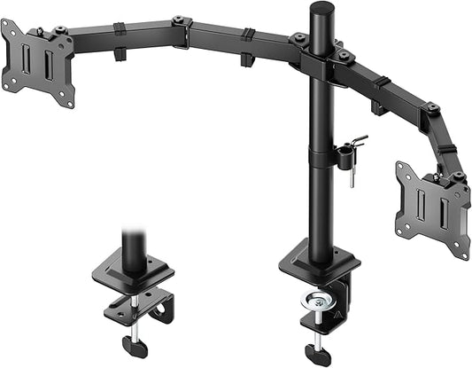 monTEK Stable Dual Monitor Stand for 17"–32” Computer Screens, Heavy-Duty Desk Mount with 22 lbs per Arm, Fully Adjustable Brackets and Arms, Clamp/Grommet Base, VESA 100×100mm Max
