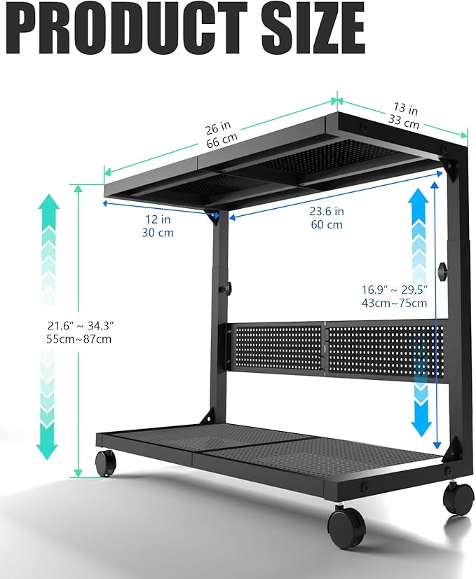 Moricher Computer Tower Stand - Height Adjustable 2-Tier ATX-Case PC Stand Printer Rack Pegboard with Rolling Wheels & Mousepad for Home Office Gaming Accessories