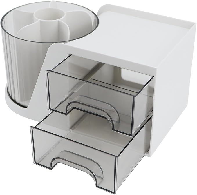 Desk Organizer with Rotating Pencil Pen Holder and 2 Small Drawers, Desk Caddy for Office Workspace Organization and Storage (White)