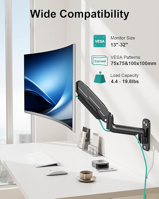 MOUNT PRO Single Monitor Wall Mount for 13 to 32 Inch Computer Screens, Height Adjustable Wall Mount Monitor Arm Holds Up to 19.8lbs, Full Motion Wall Bracket, VESA Mount 75x75, 100x100, Black