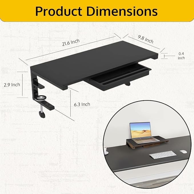 Ergonomic Clamp-On Laptop and Computer Monitor Riser Stand with Drawer, 21.6 x 9.8 inch - Black |Laptop Stand for Desk, Monitor Riser, Desk Organizer, Office Desk Home Workspace