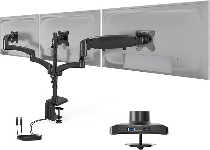 Mount-It! Triple Monitor Mount with USB and Audio Ports, 3 Monitor Desk Mount with Gas Spring Arms for Easy Height Adjustment, Full Motion Design Supports Computer Monitors Up to 32", Black