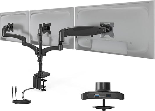 Mount-It! Triple Monitor Mount with USB and Audio Ports, 3 Monitor Desk Mount with Gas Spring Arms for Easy Height Adjustment, Full Motion Design Supports Computer Monitors Up to 32", Black