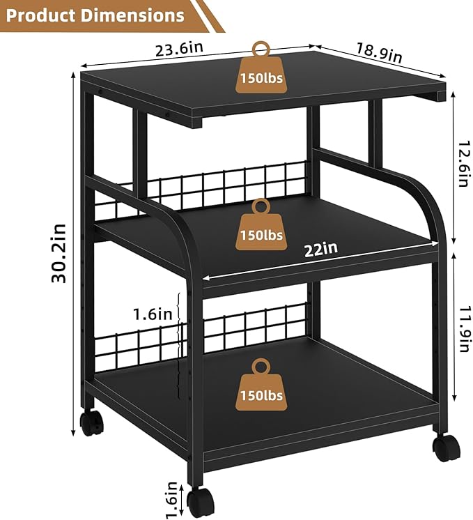 Lerliuo Large Printer Stand with Storage, 23.6"W x 18.9"D x 30.2"H, 5-Adjustable Shelf Heights Mobile 3 Tier Table with Lockable Wheels, Industrial Rolling Printer Cart, Black Stands for Home Office