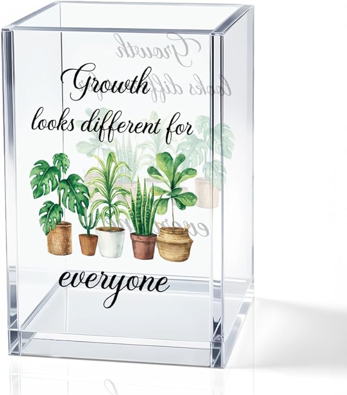 Growth Looks Different for Everyone Acrylic Cosmetic Pencil Holder Cup, Funny Plant Pen Holder for Women Teacher, Home Office Classroom Desk Accessories, Inspirational Gifts for Coworker Friend