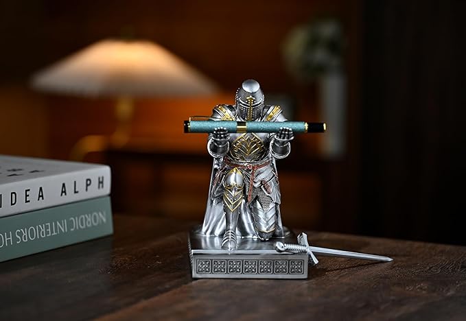 Medieval Templar Vanguard Officer Knight Pen Holder Pen Stand Desk Organizers and Accessories Resin Mobile Phone Stand as Gift for Office and Home Desk Organizer (Silver)