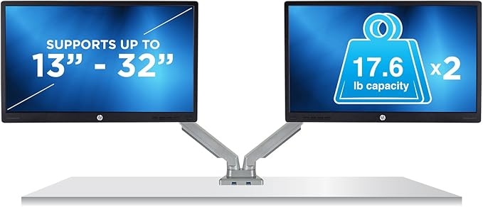 Mount-It! Dual Monitor Arm Mount Desk Stand | 2 x 3.0 USB Ports | Articulating Mechanical Spring Height Adjustable | Fits Two 24 27 29 30 32 Inch VESA 75 100 Compatible Screens | C-Clamp and Grommet